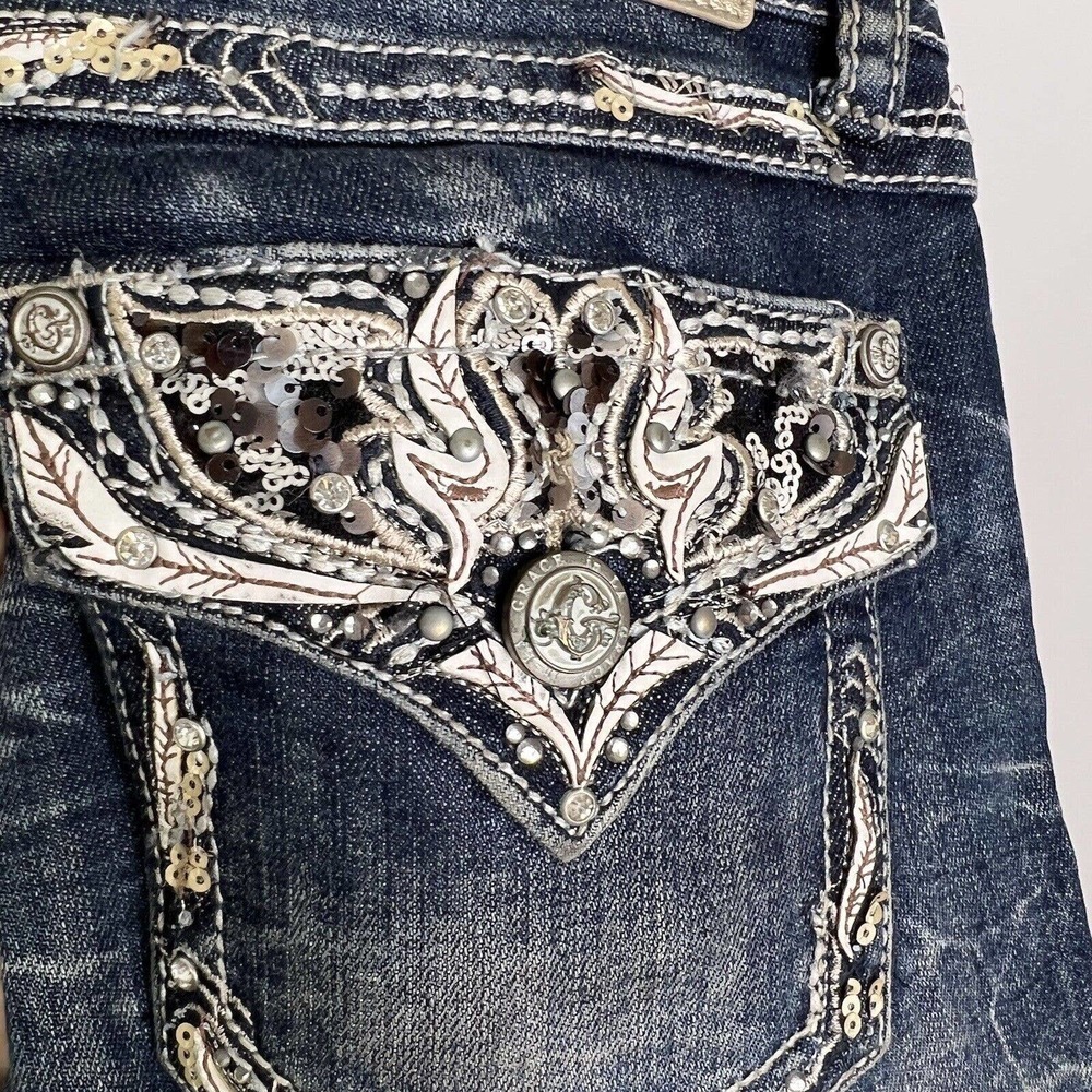 𝅺Grace in LA Womens Medium Wash Embellished Easy Fit Bootcut Jeans Size 28